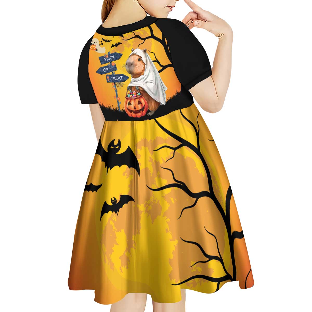 Happy Capy-Boo-Ra Kid Short Sleeve Dress Capybara Ghost Trick or Treat - Wonder Print Shop