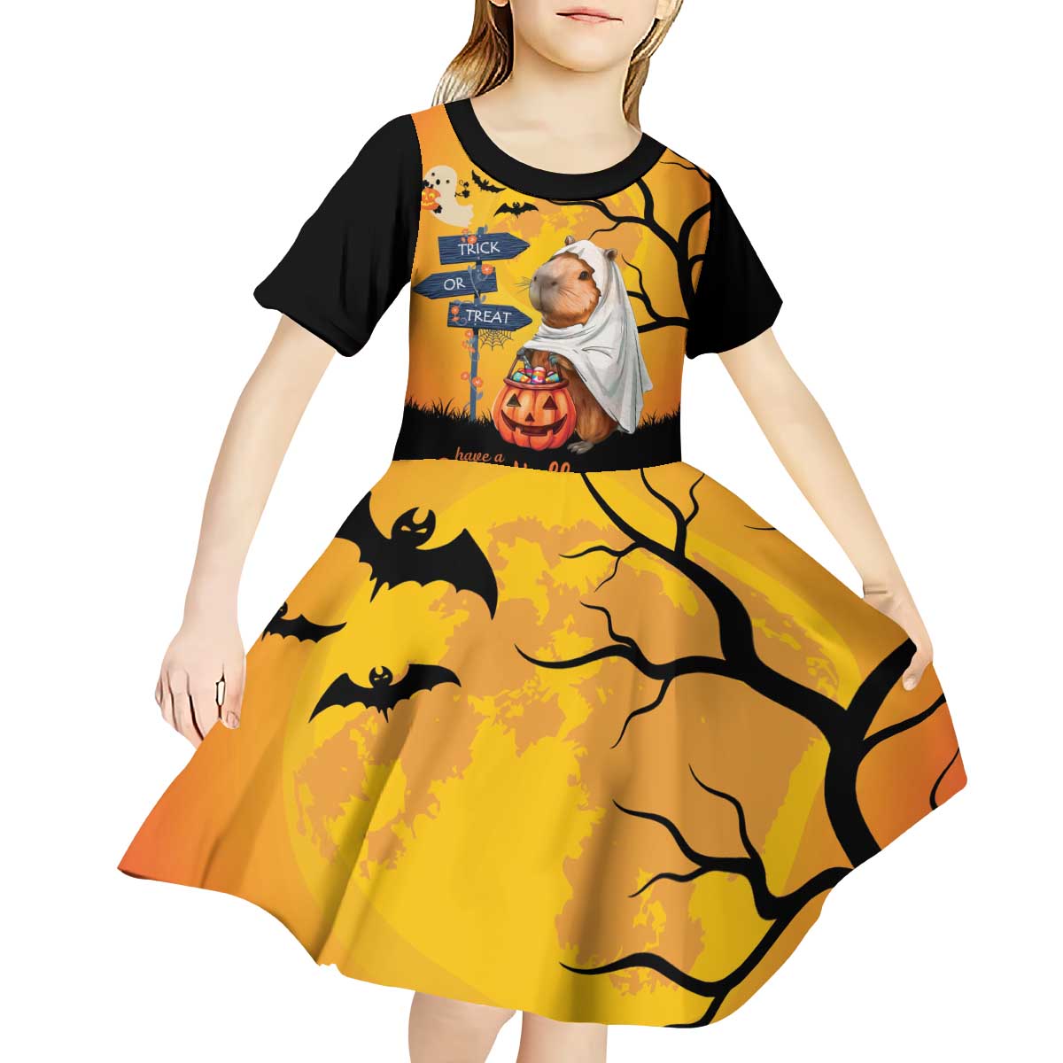 Happy Capy-Boo-Ra Kid Short Sleeve Dress Capybara Ghost Trick or Treat - Wonder Print Shop