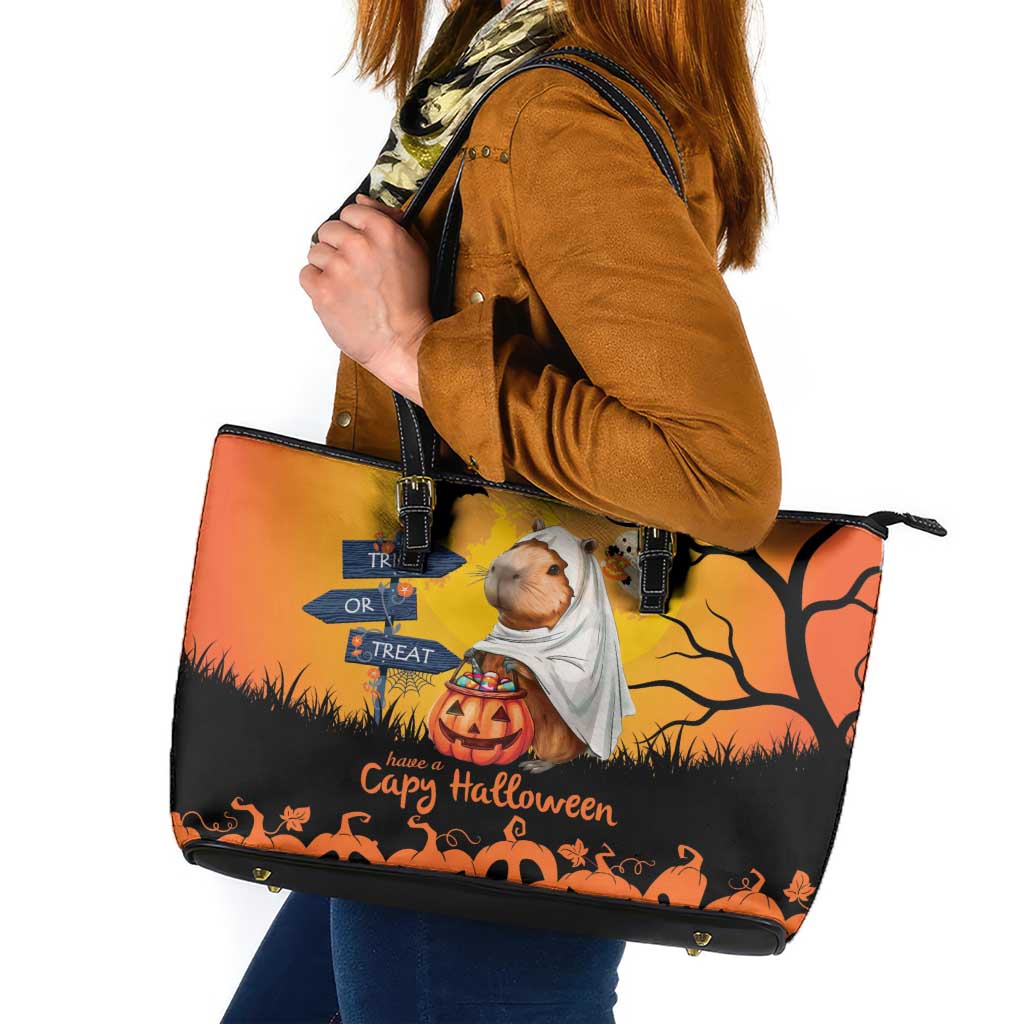 Happy Capy-Boo-Ra Leather Tote Bag Capybara Ghost Trick or Treat - Wonder Print Shop