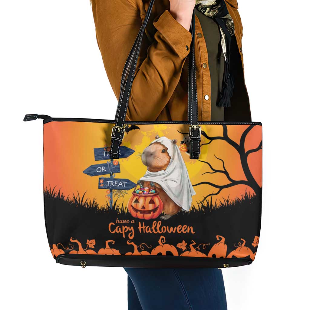 Happy Capy-Boo-Ra Leather Tote Bag Capybara Ghost Trick or Treat - Wonder Print Shop