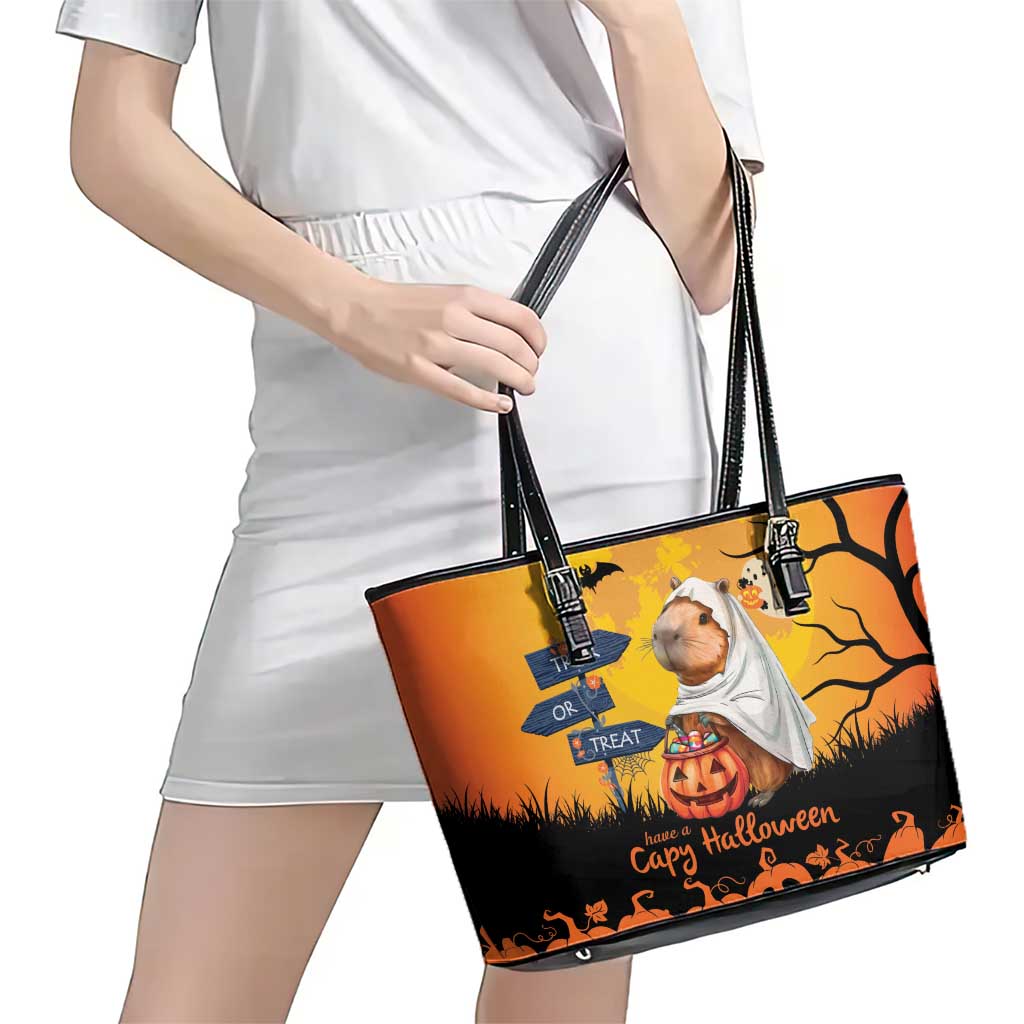 Happy Capy-Boo-Ra Leather Tote Bag Capybara Ghost Trick or Treat - Wonder Print Shop