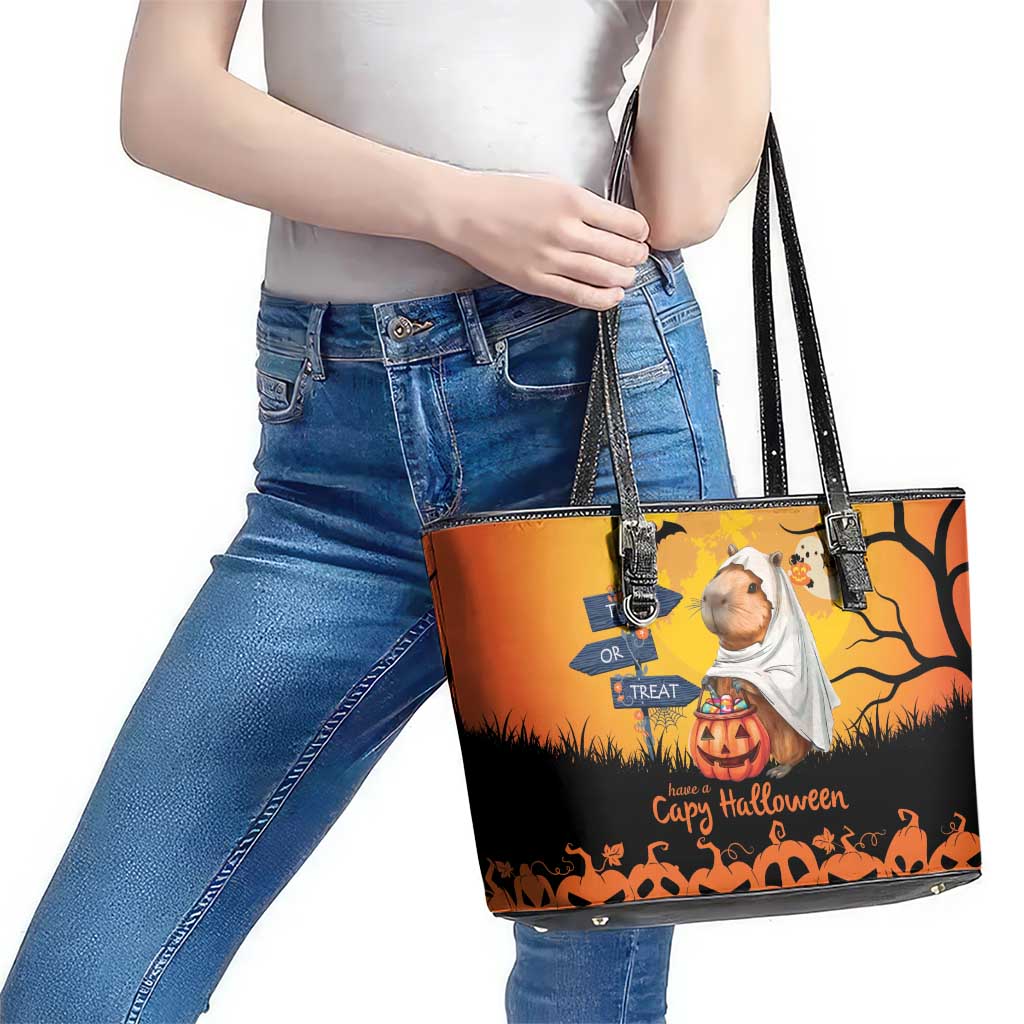 Happy Capy-Boo-Ra Leather Tote Bag Capybara Ghost Trick or Treat - Wonder Print Shop