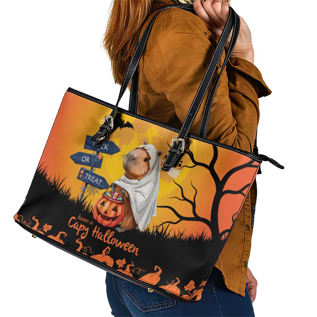 Happy Capy-Boo-Ra Leather Tote Bag Capybara Ghost Trick or Treat - Wonder Print Shop