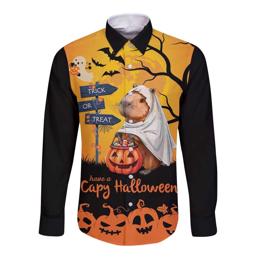 Happy Capy-Boo-Ra Long Sleeve Button Shirt Capybara Ghost Trick or Treat - Wonder Print Shop