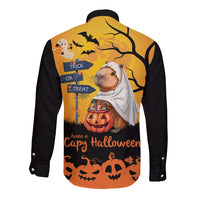 Happy Capy-Boo-Ra Long Sleeve Button Shirt Capybara Ghost Trick or Treat - Wonder Print Shop