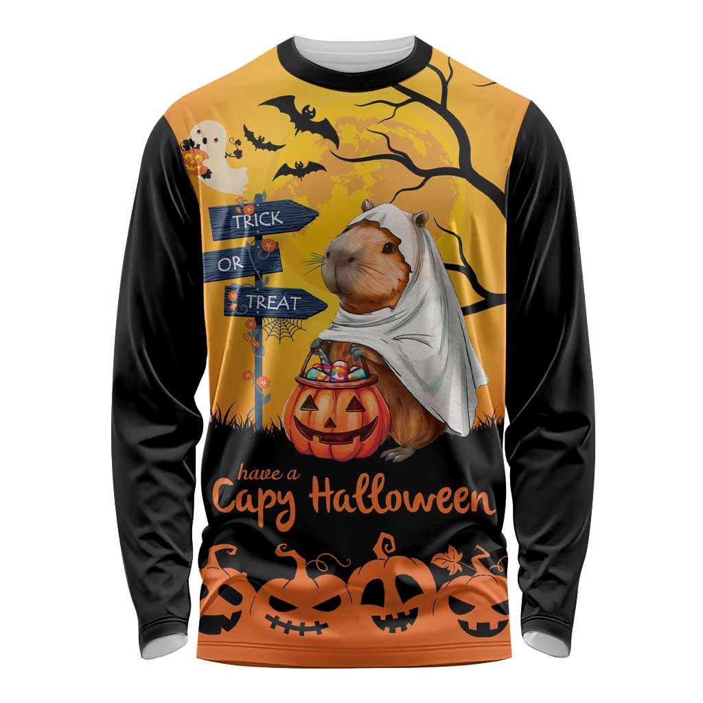 Happy Capy-Boo-Ra Long Sleeve Shirt Capybara Ghost Trick or Treat - Wonder Print Shop