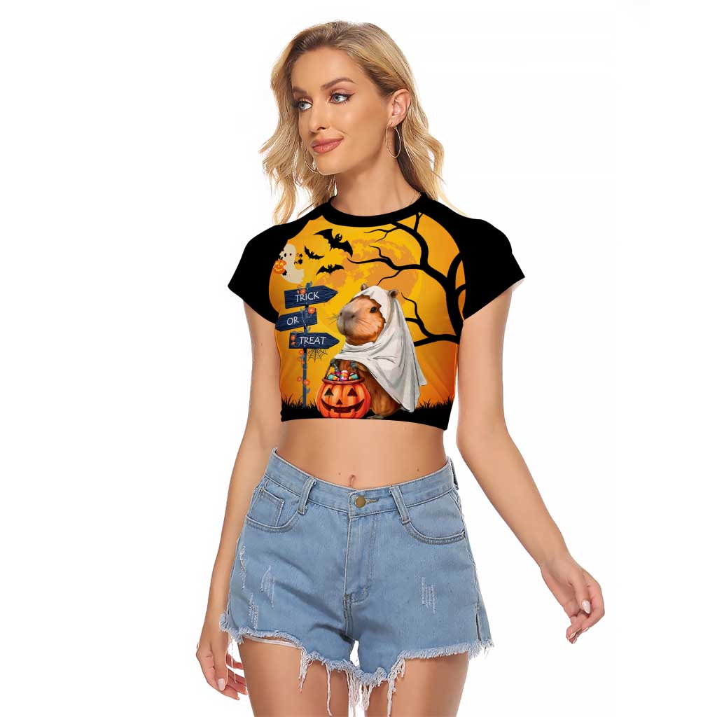 Happy Capy-Boo-Ra Raglan Cropped T Shirt Capybara Ghost Trick or Treat - Wonder Print Shop