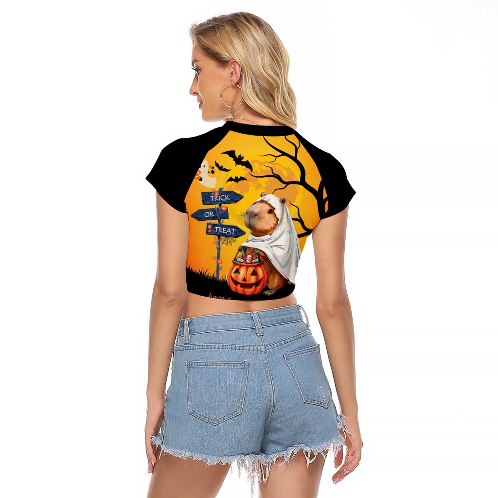 Happy Capy-Boo-Ra Raglan Cropped T Shirt Capybara Ghost Trick or Treat - Wonder Print Shop