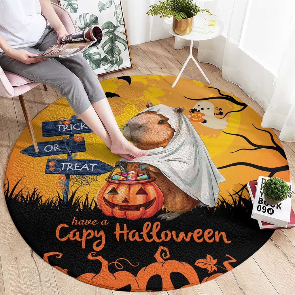 Happy Capy-Boo-Ra Round Carpet Capybara Ghost Trick or Treat