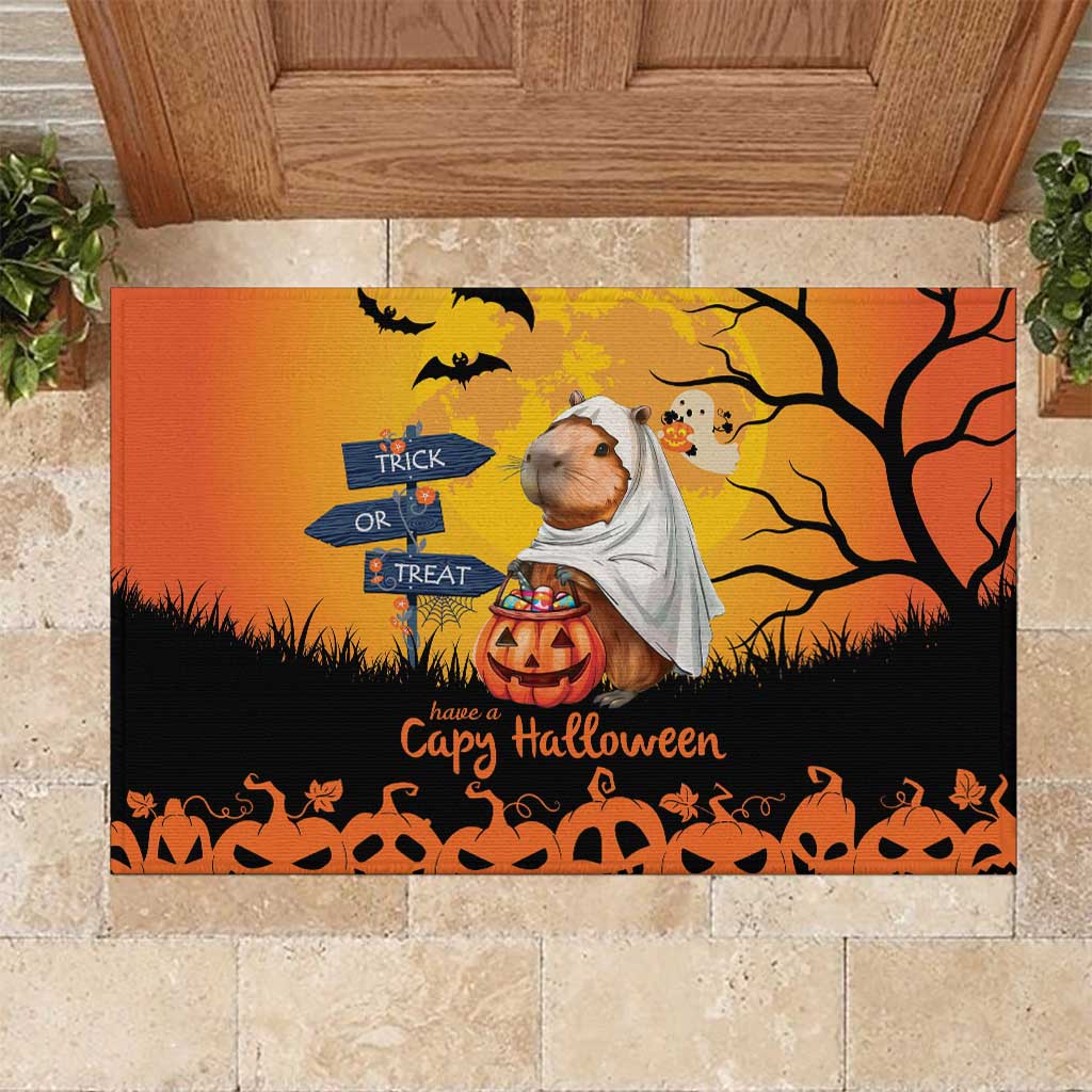 Happy Capy-Boo-Ra Rubber Doormat Capybara Ghost Trick or Treat - Wonder Print Shop