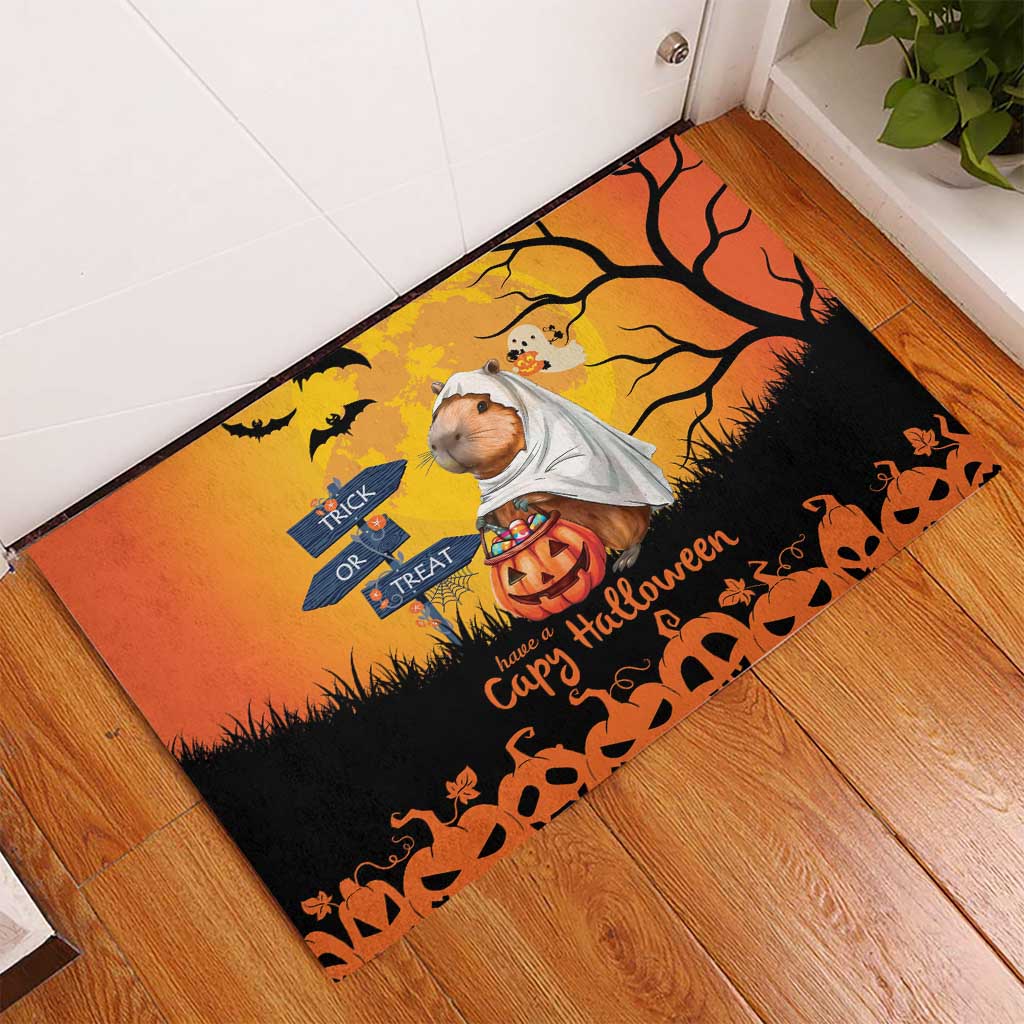 Happy Capy-Boo-Ra Rubber Doormat Capybara Ghost Trick or Treat - Wonder Print Shop
