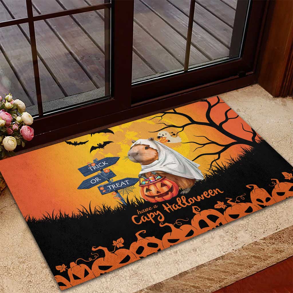 Happy Capy-Boo-Ra Rubber Doormat Capybara Ghost Trick or Treat - Wonder Print Shop