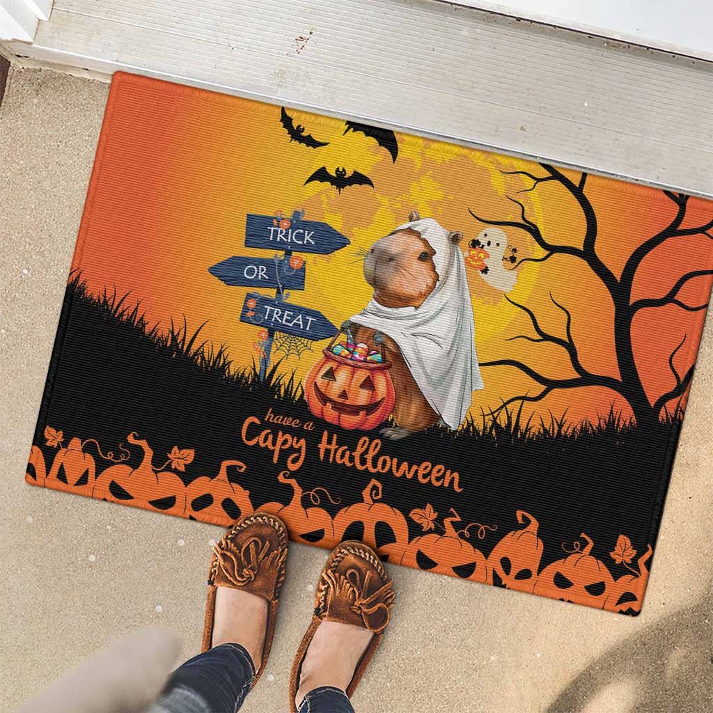 Happy Capy-Boo-Ra Rubber Doormat Capybara Ghost Trick or Treat - Wonder Print Shop