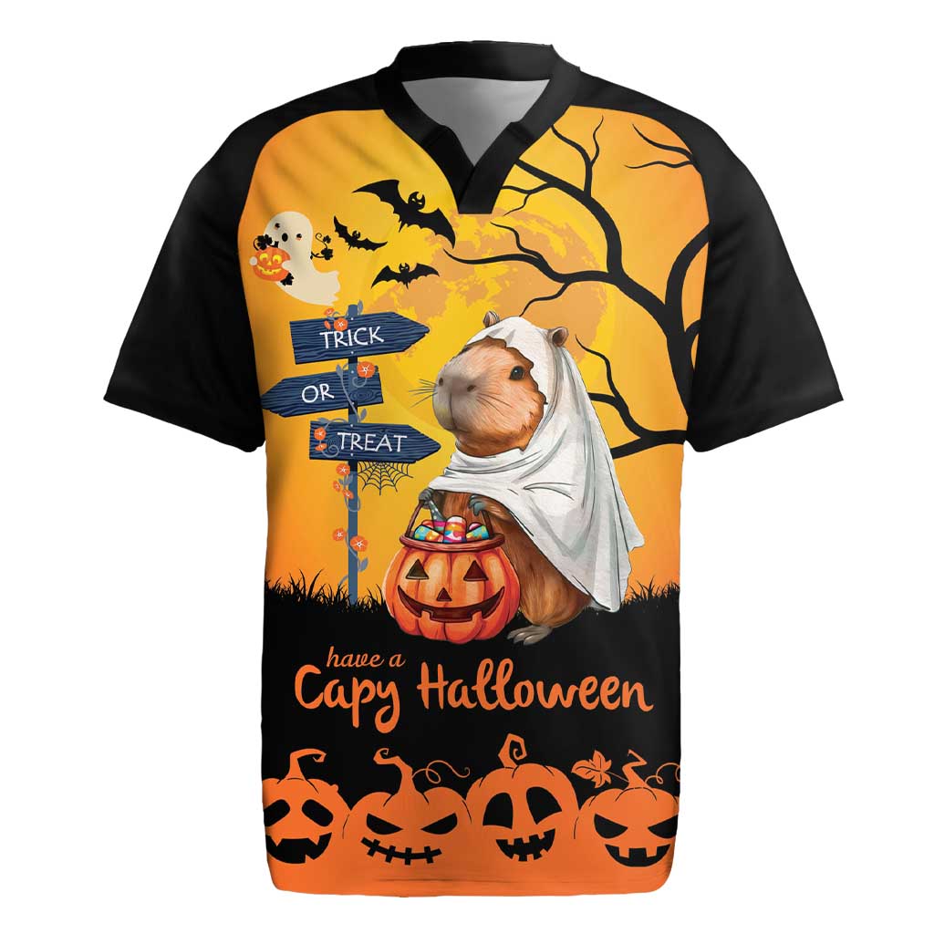 Happy Capy-Boo-Ra Rugby Jersey Capybara Ghost Trick or Treat - Wonder Print Shop