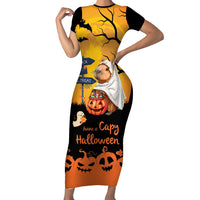 Happy Capy-Boo-Ra Short Sleeve Bodycon Dress Capybara Ghost Trick or Treat - Wonder Print Shop