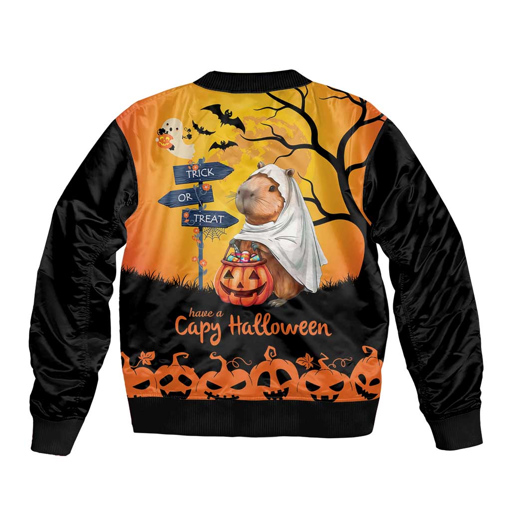 Happy Capy-Boo-Ra Sleeve Zip Bomber Jacket Capybara Ghost Trick or Treat - Wonder Print Shop