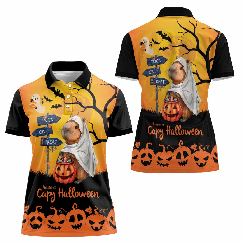 Happy Capy-Boo-Ra Women Polo Shirt Capybara Ghost Trick or Treat - Wonder Print Shop