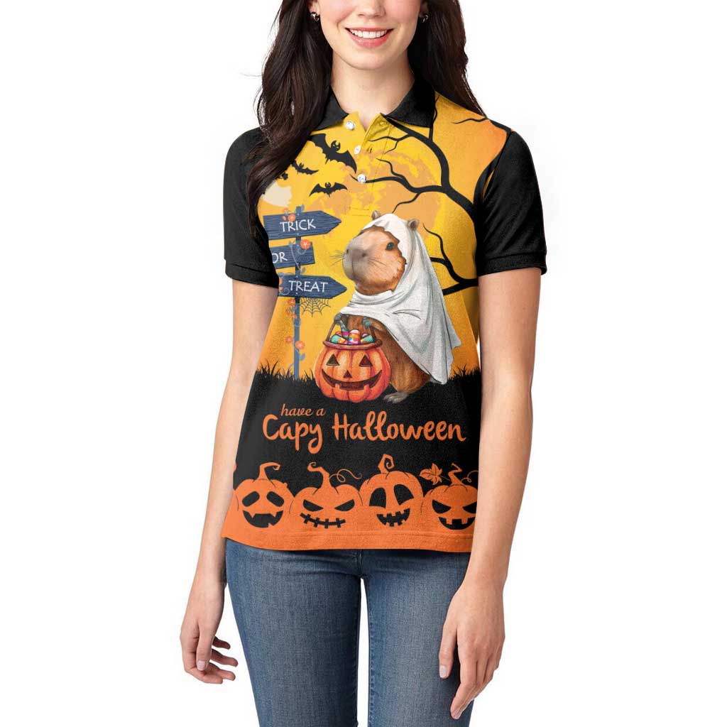Happy Capy-Boo-Ra Women Polo Shirt Capybara Ghost Trick or Treat - Wonder Print Shop