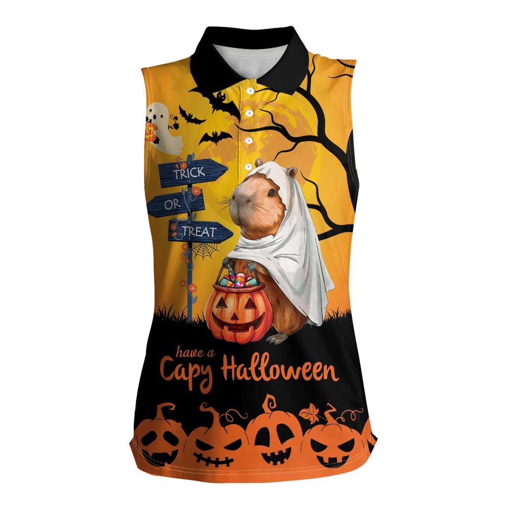 Happy Capy-Boo-Ra Women Sleeveless Polo Shirt Capybara Ghost Trick or Treat - Wonder Print Shop