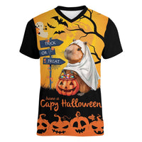 Happy Capy-Boo-Ra Women V-Neck T-Shirt Capybara Ghost Trick or Treat - Wonder Print Shop