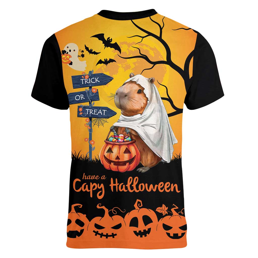 Happy Capy-Boo-Ra Women V-Neck T-Shirt Capybara Ghost Trick or Treat - Wonder Print Shop
