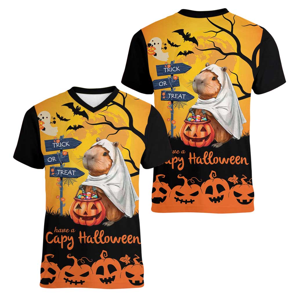 Happy Capy-Boo-Ra Women V-Neck T-Shirt Capybara Ghost Trick or Treat - Wonder Print Shop