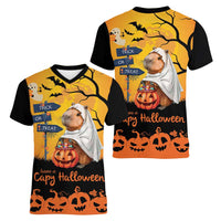 Happy Capy-Boo-Ra Women V-Neck T-Shirt Capybara Ghost Trick or Treat - Wonder Print Shop