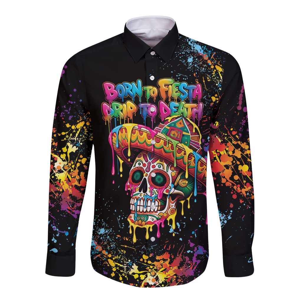 Dripping Sombrero Sugar Skull Long Sleeve Button Shirt Día de los Muertos - Wonder Print Shop