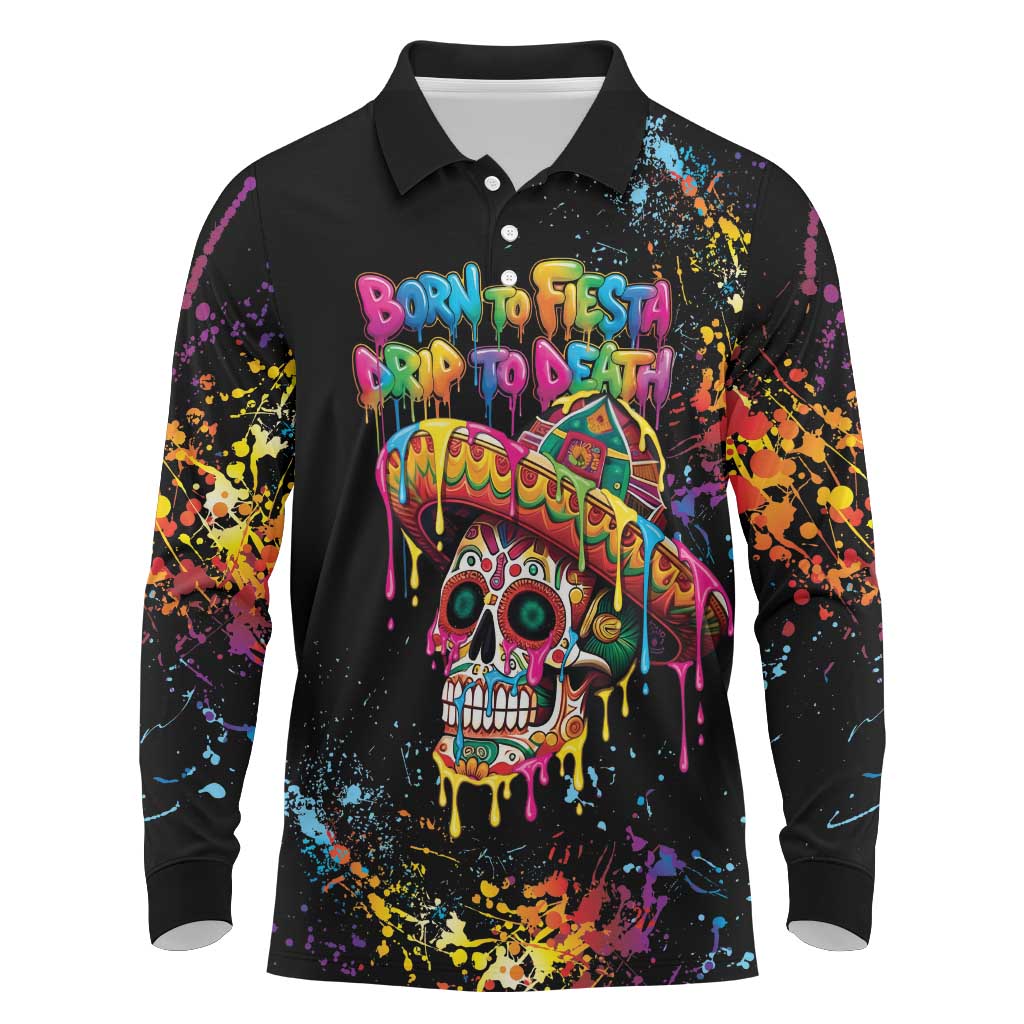 Dripping Sombrero Sugar Skull Long Sleeve Polo Shirt Día de los Muertos - Wonder Print Shop