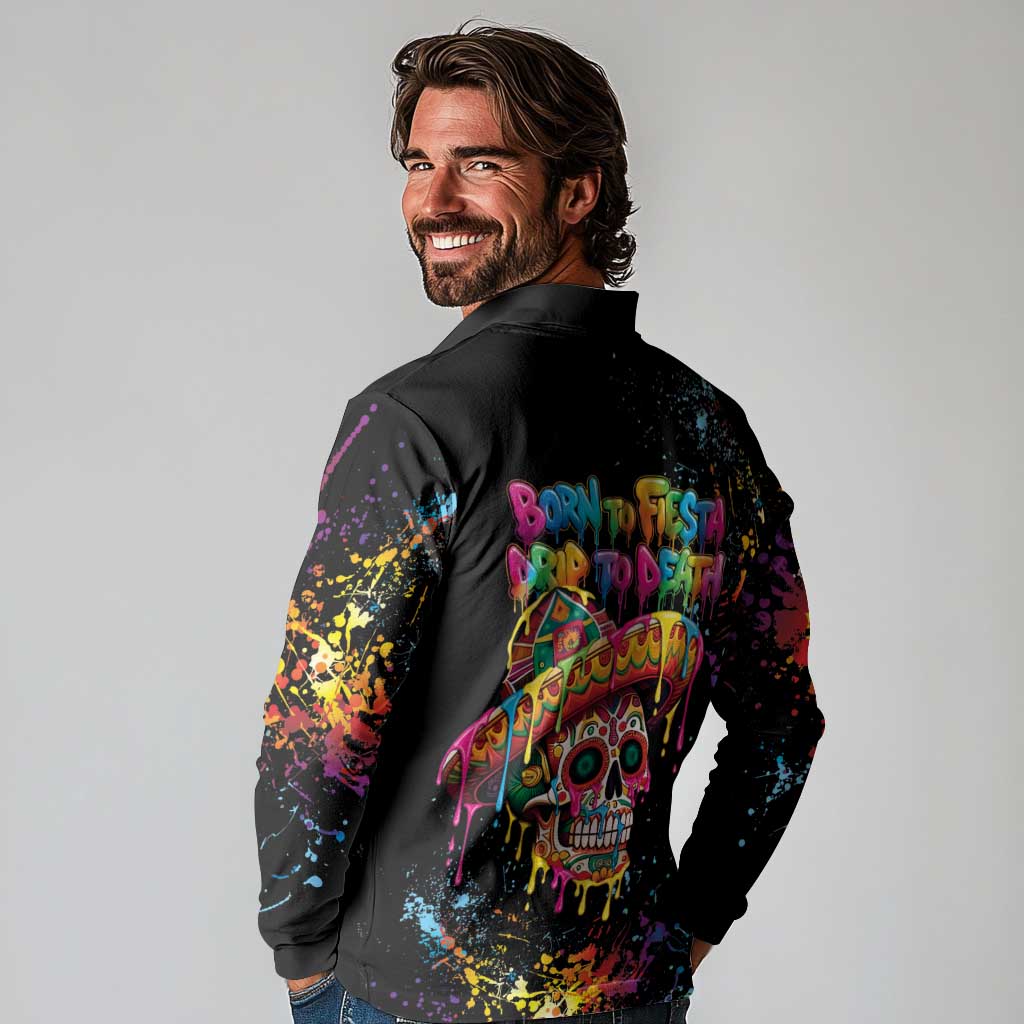 Dripping Sombrero Sugar Skull Long Sleeve Polo Shirt Día de los Muertos - Wonder Print Shop