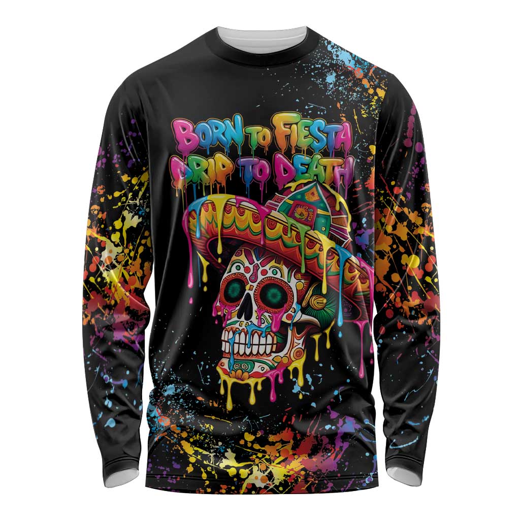 Dripping Sombrero Sugar Skull Long Sleeve Shirt Día de los Muertos - Wonder Print Shop
