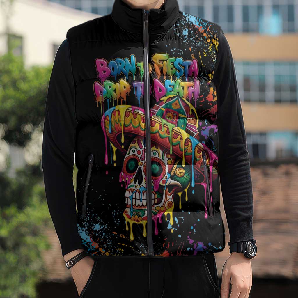 Dripping Sombrero Sugar Skull Sleeveless Puffer Jacket Día de los Muertos - Wonder Print Shop