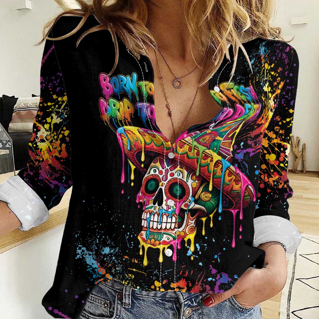 Dripping Sombrero Sugar Skull Women Casual Shirt Día de los Muertos - Wonder Print Shop