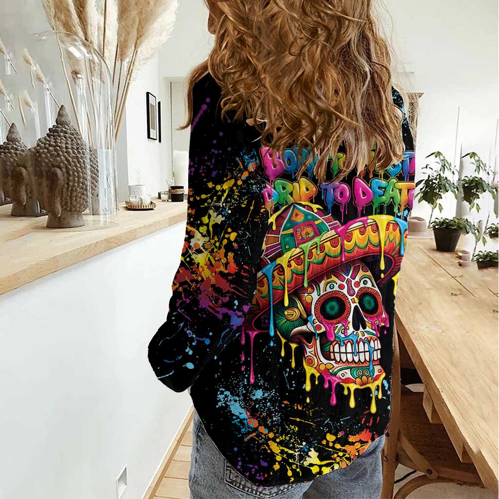 Dripping Sombrero Sugar Skull Women Casual Shirt Día de los Muertos - Wonder Print Shop