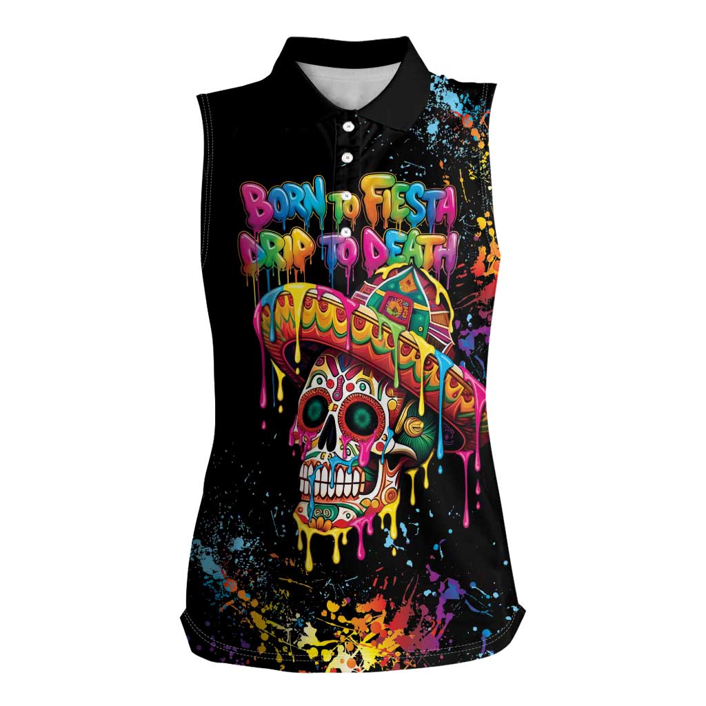 Dripping Sombrero Sugar Skull Women Sleeveless Polo Shirt Día de los Muertos - Wonder Print Shop