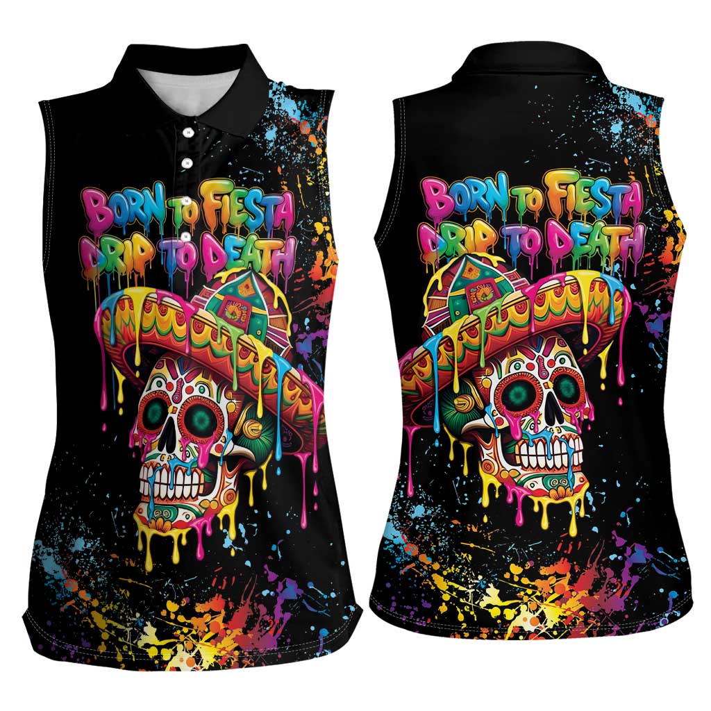 Dripping Sombrero Sugar Skull Women Sleeveless Polo Shirt Día de los Muertos - Wonder Print Shop