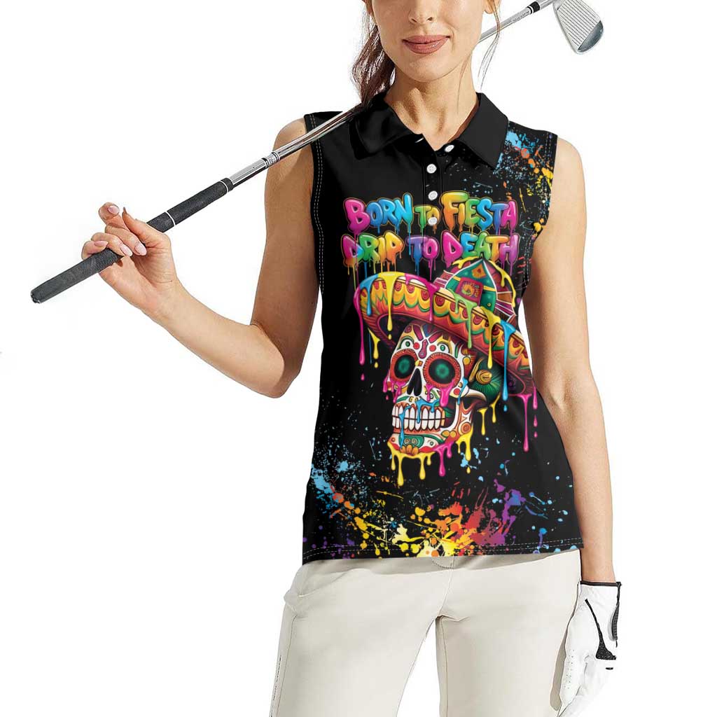 Dripping Sombrero Sugar Skull Women Sleeveless Polo Shirt Día de los Muertos - Wonder Print Shop