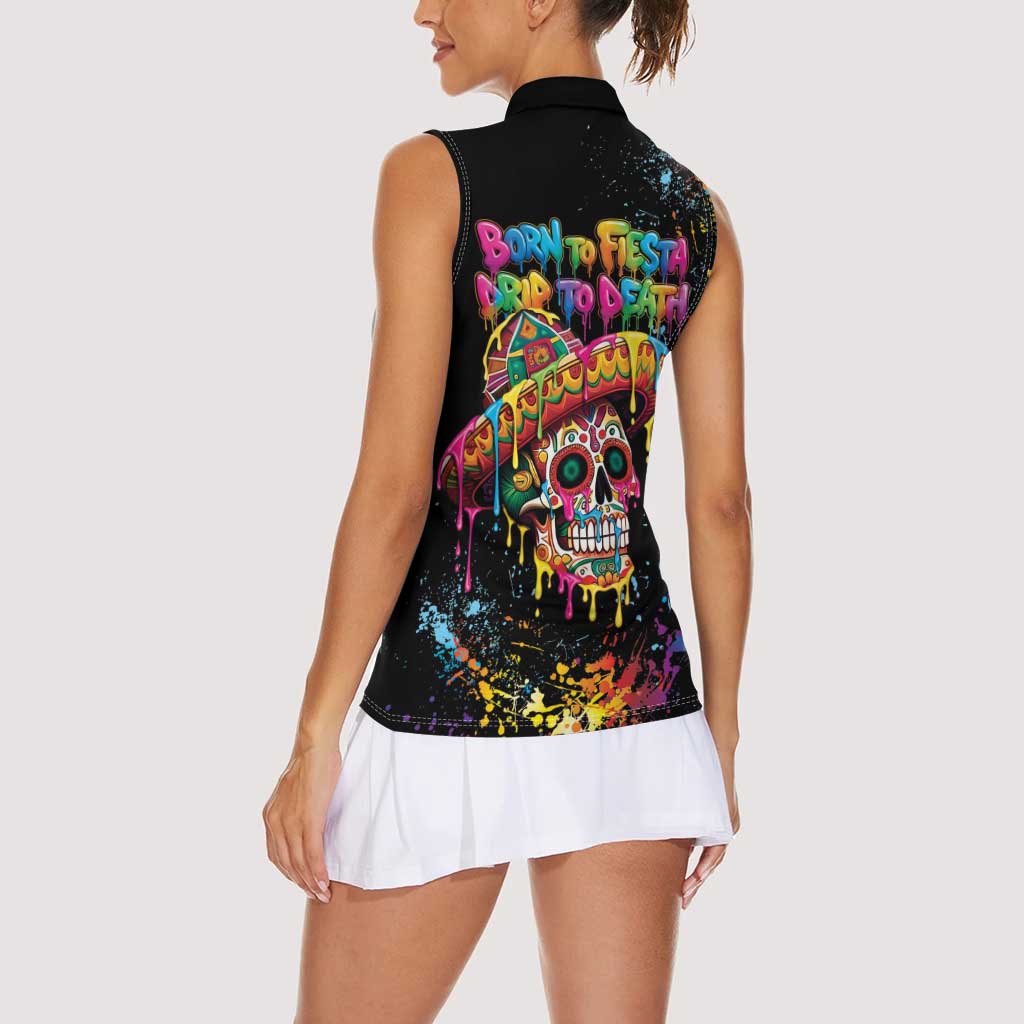 Dripping Sombrero Sugar Skull Women Sleeveless Polo Shirt Día de los Muertos - Wonder Print Shop