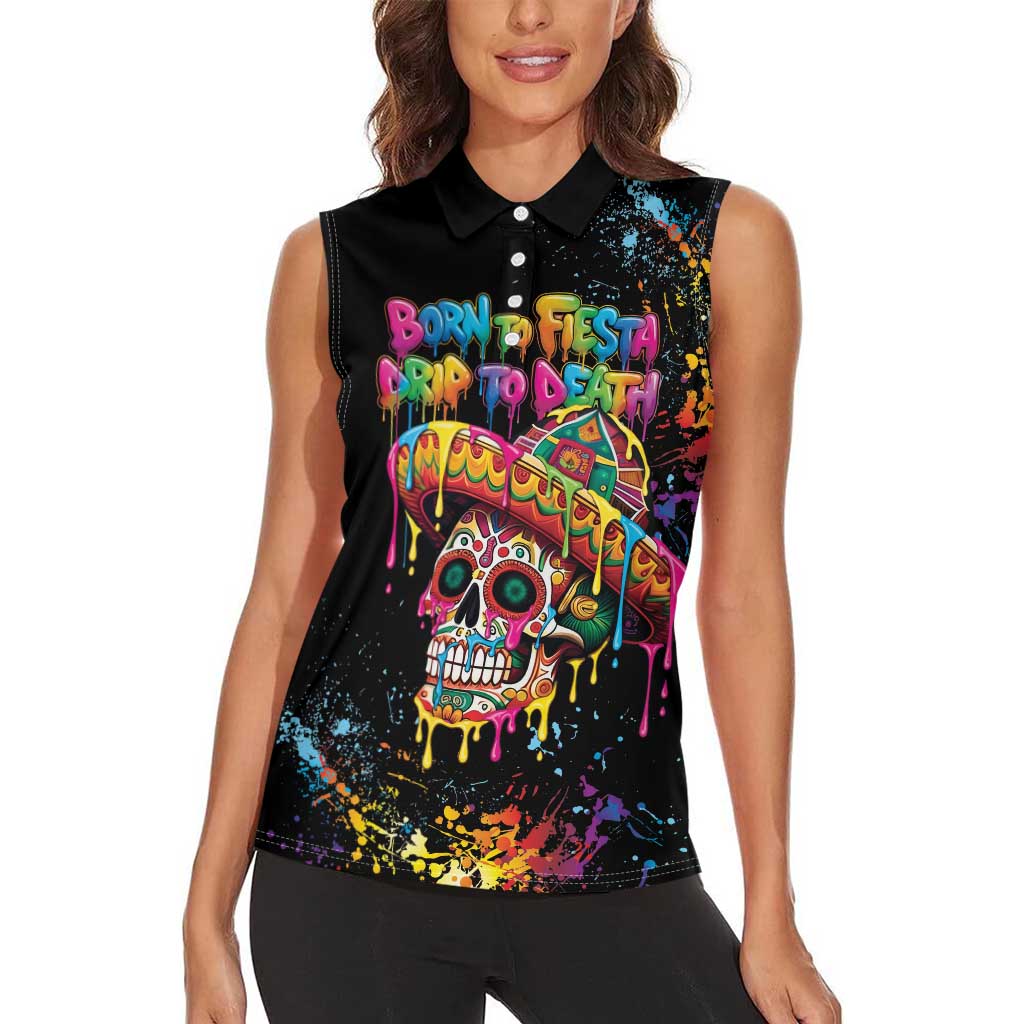 Dripping Sombrero Sugar Skull Women Sleeveless Polo Shirt Día de los Muertos - Wonder Print Shop