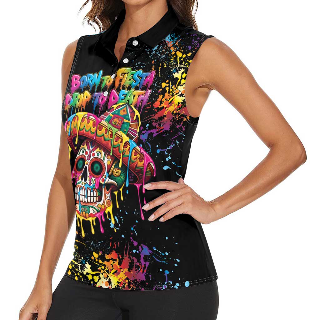 Dripping Sombrero Sugar Skull Women Sleeveless Polo Shirt Día de los Muertos - Wonder Print Shop