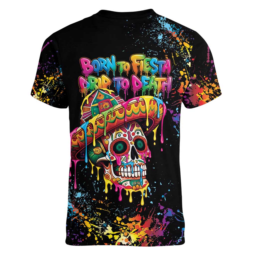 Dripping Sombrero Sugar Skull Women V-Neck T-Shirt Día de los Muertos - Wonder Print Shop