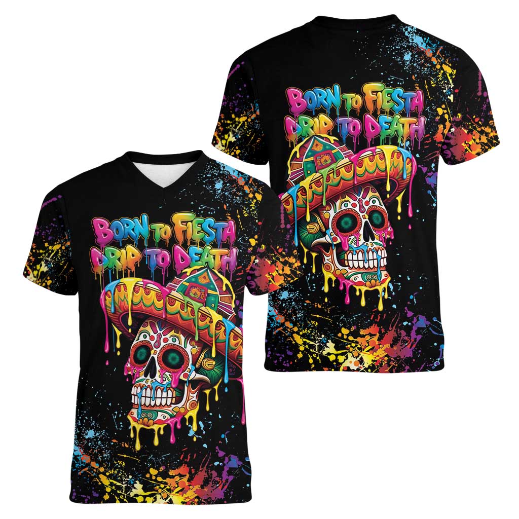 Dripping Sombrero Sugar Skull Women V-Neck T-Shirt Día de los Muertos - Wonder Print Shop