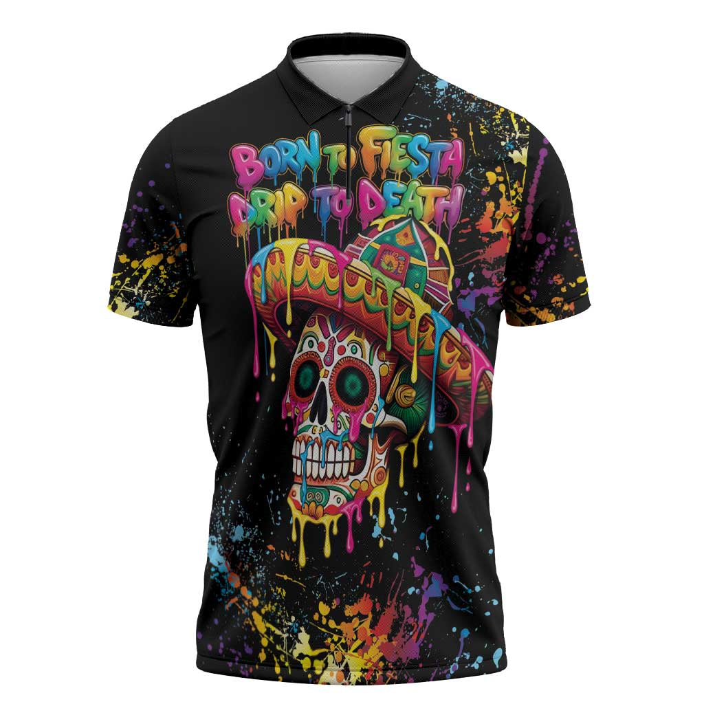 Dripping Sombrero Sugar Skull Zipper Polo Shirt Día de los Muertos - Wonder Print Shop