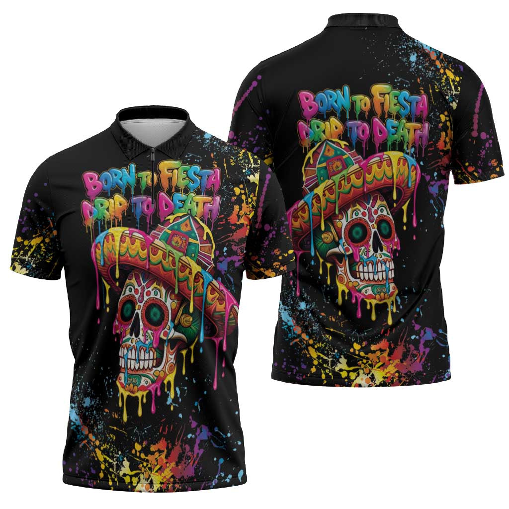 Dripping Sombrero Sugar Skull Zipper Polo Shirt Día de los Muertos - Wonder Print Shop