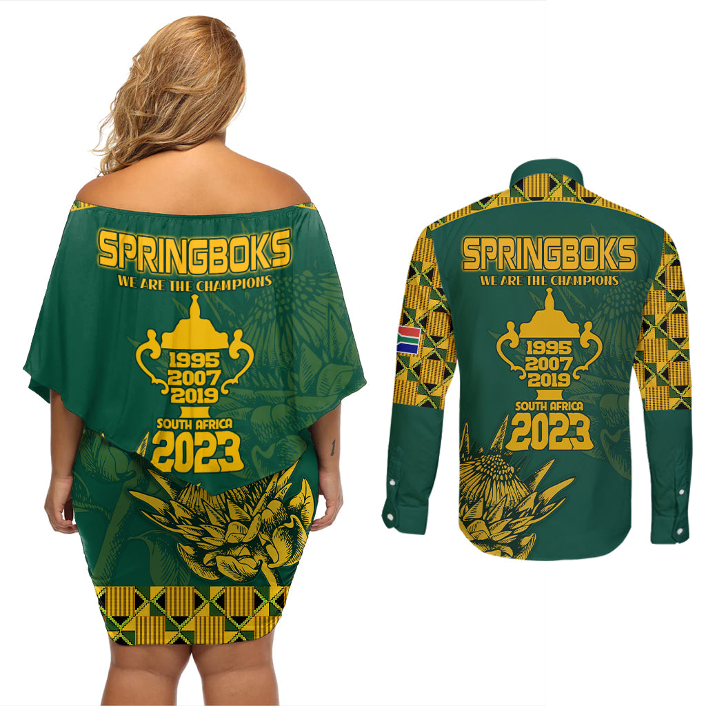 South Africa Rugby Couples Matching Off Shoulder Short Dress and Long Sleeve Button Shirt Springboks Proud The Champions LT9 - Wonder Print Shop
