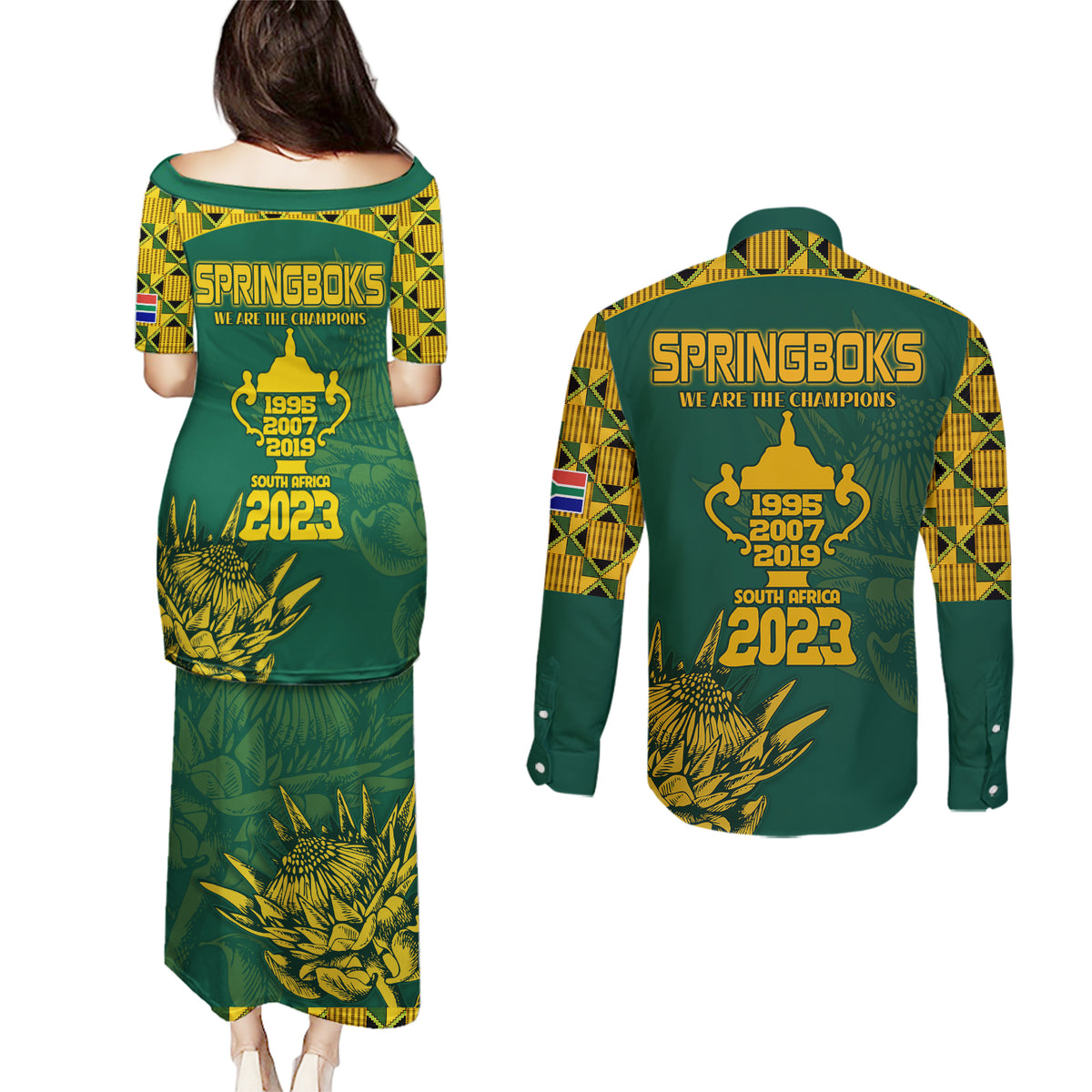 South Africa Rugby Couples Matching Puletasi Dress and Long Sleeve Button Shirt Springboks Proud The Champions LT9 - Wonder Print Shop