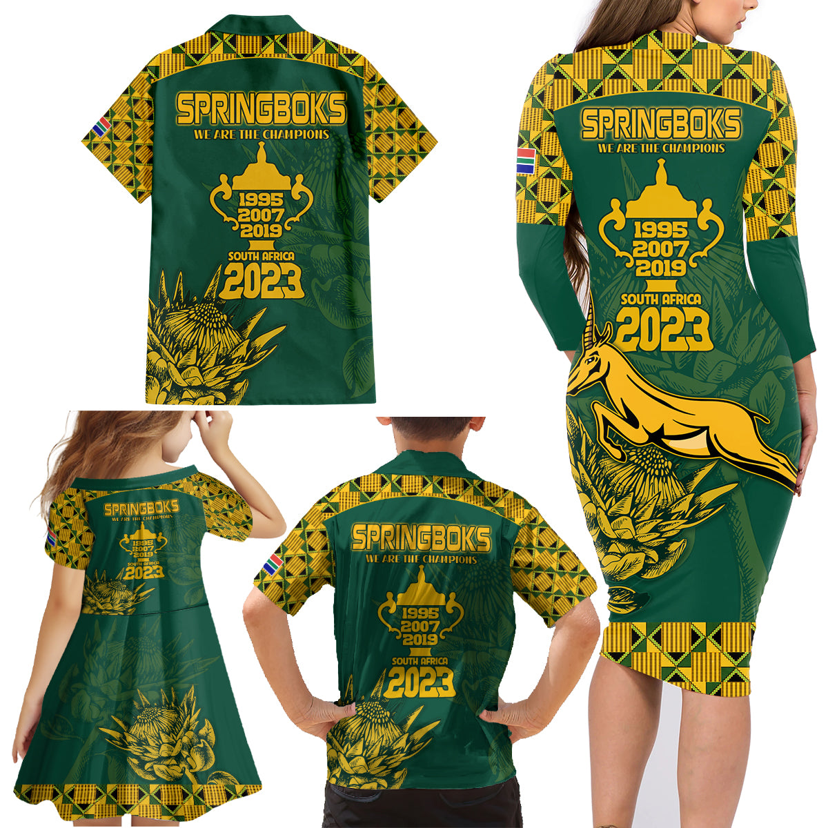 South Africa Rugby Family Matching Long Sleeve Bodycon Dress and Hawaiian Shirt Springboks Proud The Champions LT9 - Wonder Print Shop