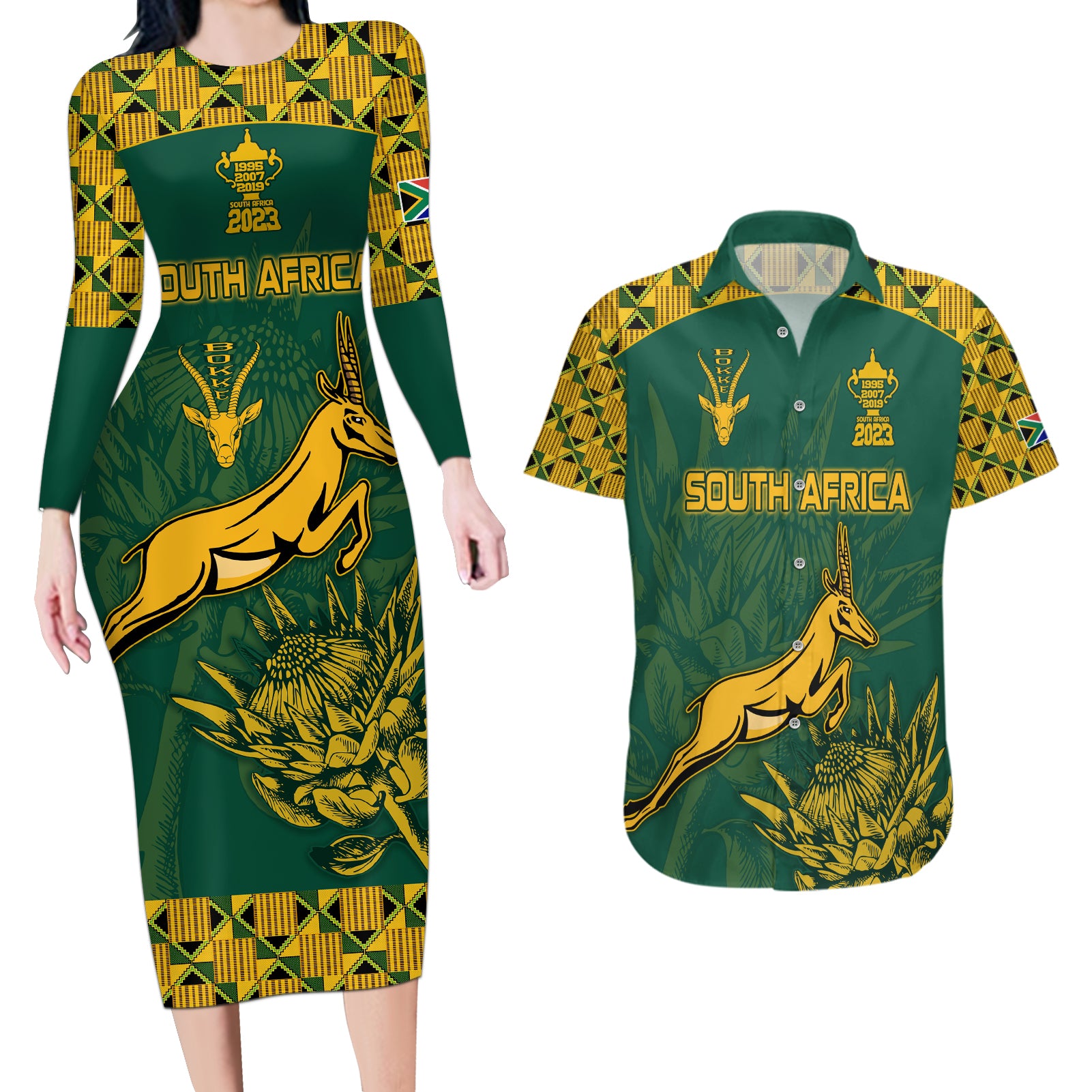 Custom South Africa Rugby Couples Matching Long Sleeve Bodycon Dress and Hawaiian Shirt Springboks Proud The Champions LT9 - Wonder Print Shop