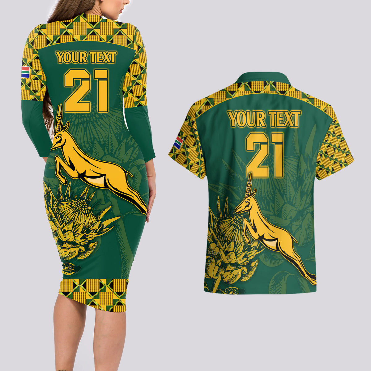 Custom South Africa Rugby Couples Matching Long Sleeve Bodycon Dress and Hawaiian Shirt Springboks Proud The Champions LT9 - Wonder Print Shop