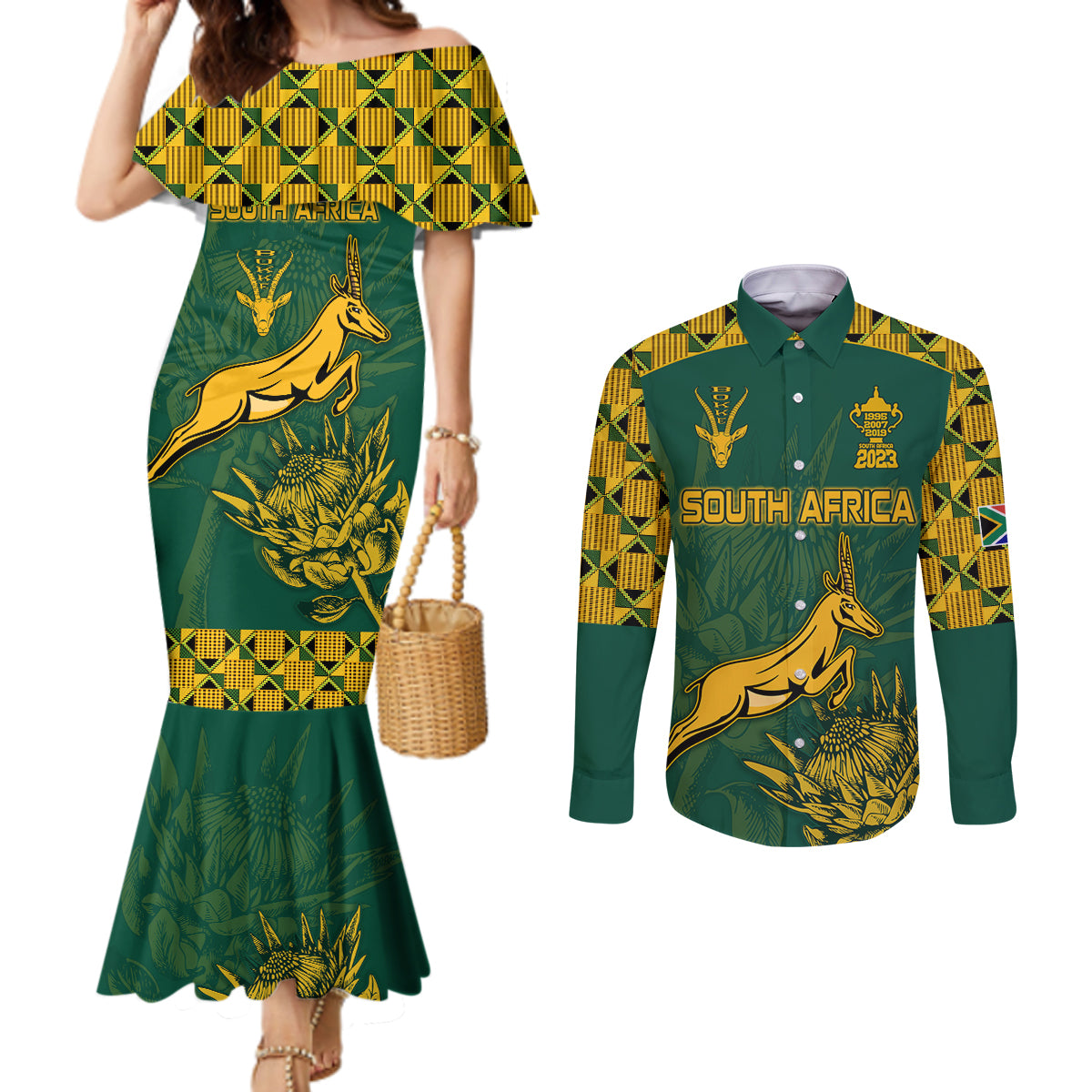 Custom South Afica Rugby Couples Matching Mermaid Dress and Long Sleeve Button Shirt Springboks Proud The Champions LT9